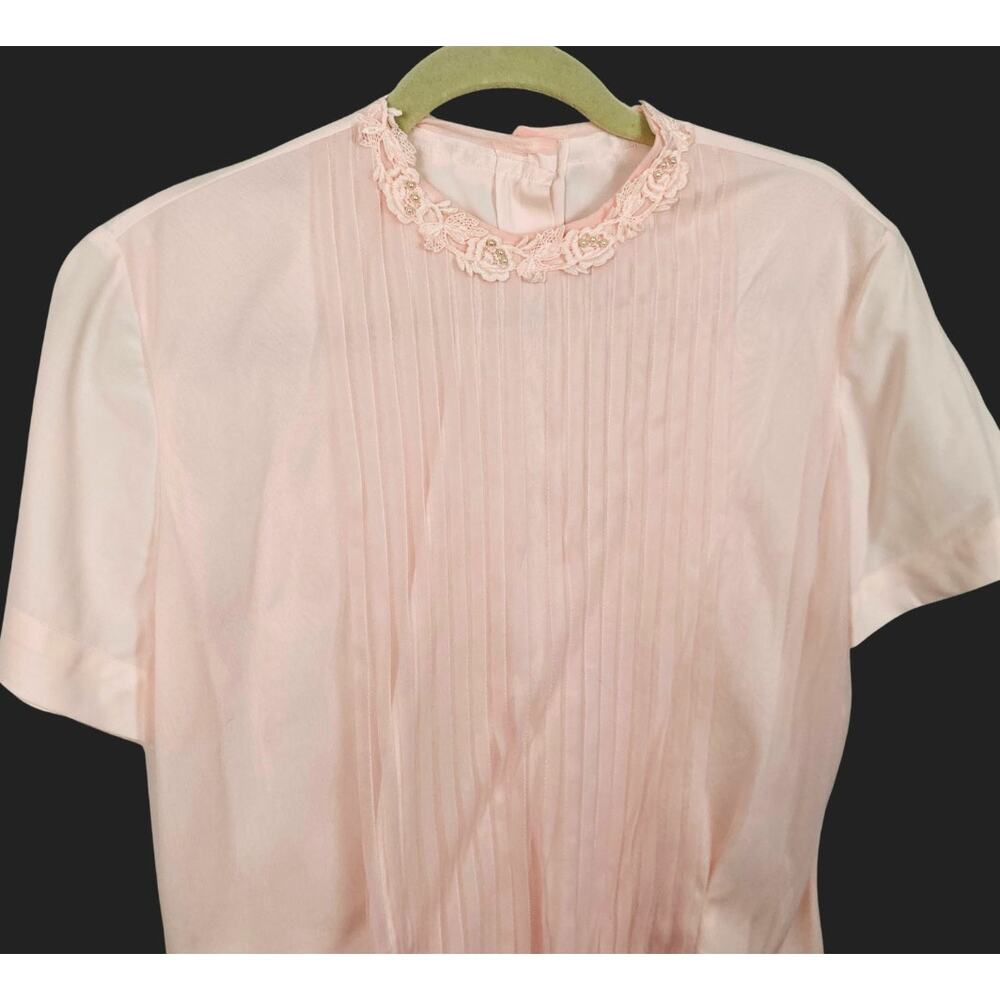VTG Pink Pleated Sheer Button Back Blouse Size M Rosette Beaded Collar Victorian